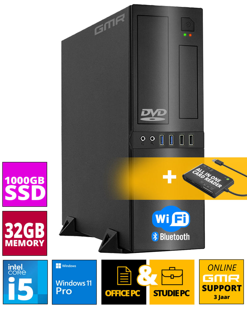 Office PC mit Intel i5 | 3.2GHz | 32 GB RAM | 1000 GB SSD | DVD±RW | Smart ID Card Reader 5-in-1 | WiFi 600 und Bluetooth 5 | USB3 | Windows 11 Pro | Multimedia Computer mit 3 Jahren Garantie!