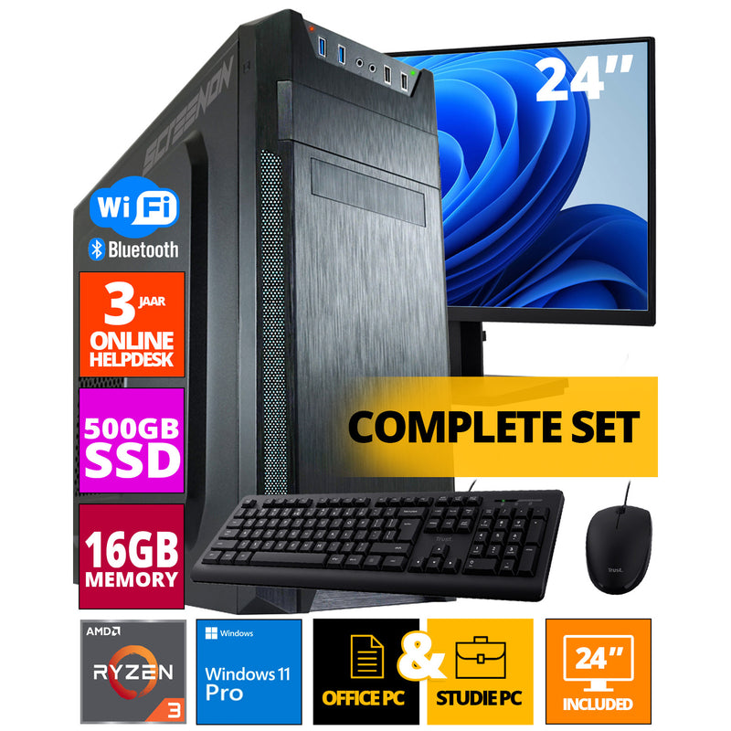 Budget Office PC Set - Ryzen 3 - 500 Go NVME SSD - 16 Go de RAM - Radeon Vega 8 (moniteur de 24 pouces | Mouse | Clavier | Incluant Office Professional Plus 2021)