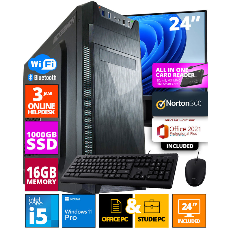 ScreenON - Intel Core i5 - 1TB M.2 SSD - 16GB RAM - GTX 1650/1660 of RTX 2060 - Allround Office PC - Inclusief Norton 360 & USB SD Card Reader + WiFi & Bluetooth