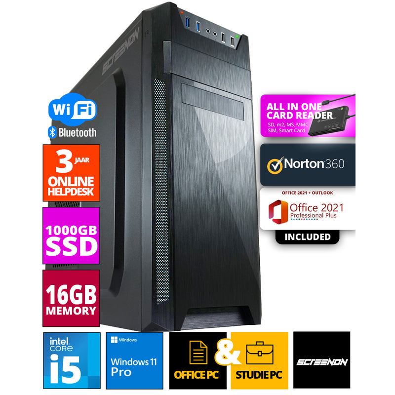 ScreenON - Intel Core i5 - 1TB M.2 SSD - 16GB RAM - GTX 1650/1660 of RTX 2060 - Allround Office PC - Inclusief Norton 360 & USB SD Card Reader + WiFi & Bluetooth