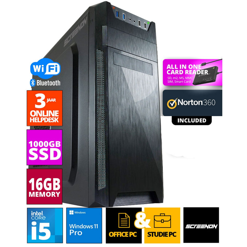 Intel Office PC - Intel Core i5 - 1TB NVME SSD - 16 Go de RAM - GTX 1650 - y compris Office Professional Plus 2021, Norton 360 & USB SD Card Reader