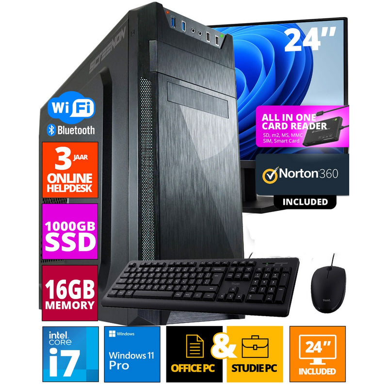 Intel Budget Office PC Set - Office PC - Moniteur de 24 pouces + souris + clavier - y compris Office Professional Plus 2021, Norton 360 & USB SD Carte Reader