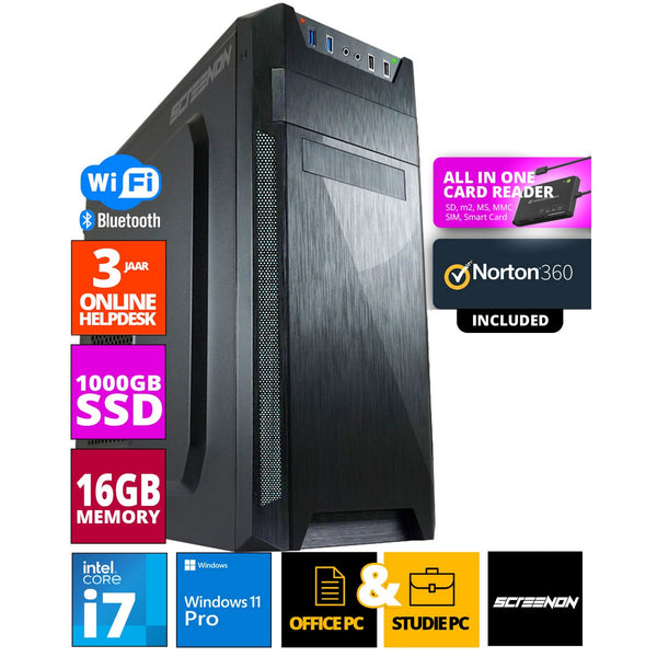 Intel Budget Office PC - Intel Core i7 - 1TB NVME SSD - 16 Go RAM - UHD Graphics 630 - Y compris Office Professional Plus 2021, Norton 360 & USB SD Card Reader