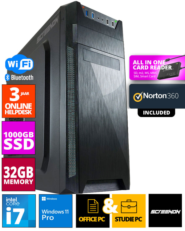 ScreenON - Intel Core i7 - 1TB M.2 SSD - 32GB RAM - RTX 3050/3060 - Allround Office PC - Inclusief Norton 360 & USB SD Card Reader + WiFi & Bluetooth