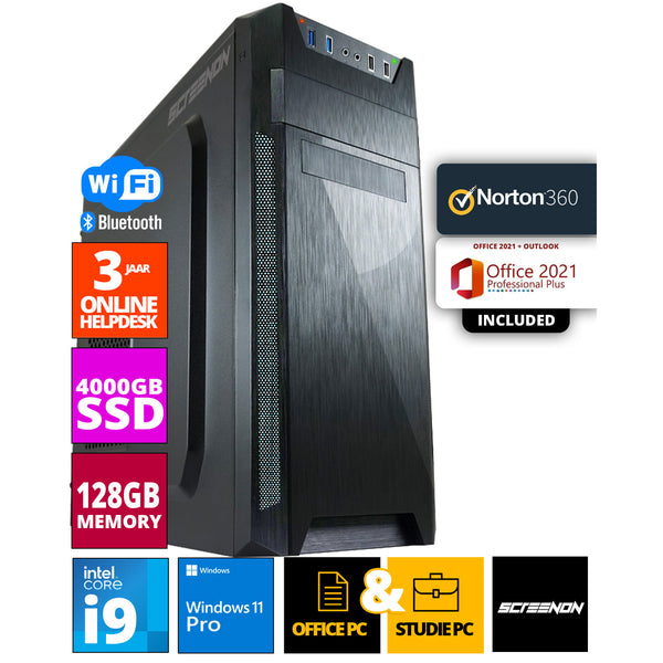 ScreenON - Allround Office PC - Intel Core i9 - 4TB M.2 SSD - 128GB RAM - UHD Graphics 750 - Inclusief Office Professional Plus 2021 en Norton 360 + WiFi & Bluetooth