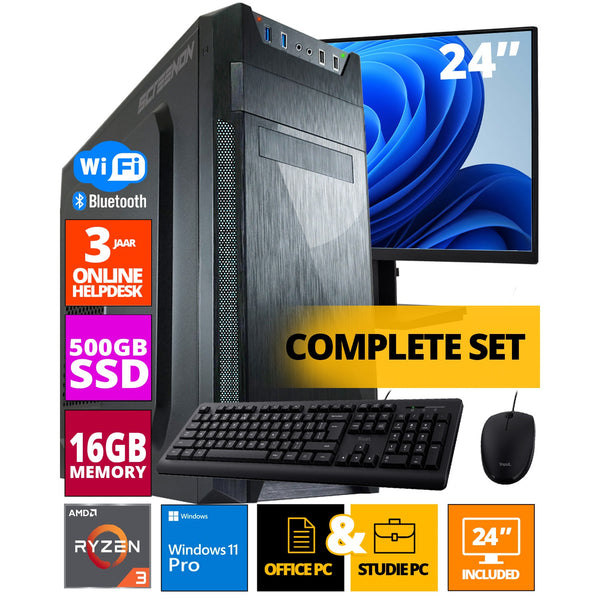 Budget Office PC Set - Ryzen 3 - 500 Go NVME SSD - 16 Go de RAM - Radeon Vega 8 (moniteur de 24 pouces | Mouse | Clavier | Incluant Office Professional Plus 2021)