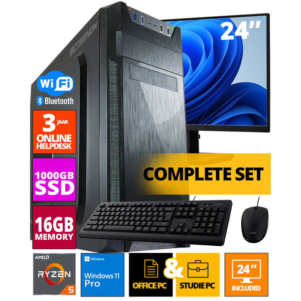 Budget Office PC Set - Ryzen 5 - 1TB NVME SSD - 16 Go de RAM - Radeon Vega 7 (moniteur de 24 pouces | Mouse | Clavier | Incluant Office Professional Plus 2021)