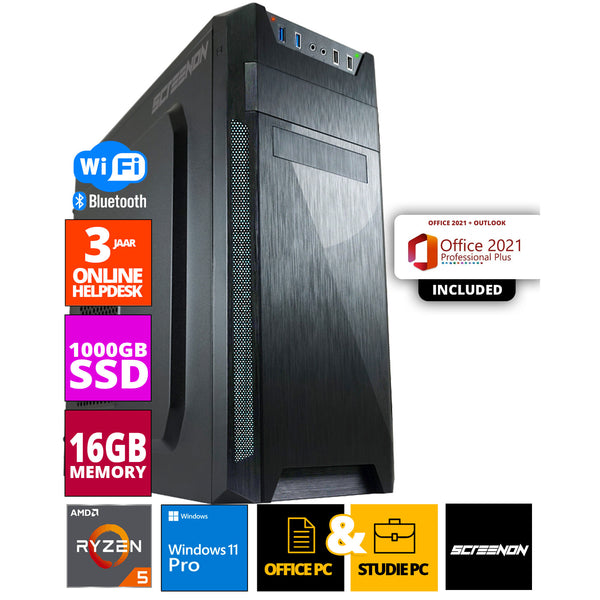 Budget Office PC - Ryzen 5 - 1TB NVME SSD - 16 Go de RAM - Radeon Vega 7 - y compris Office Professional Plus 2021
