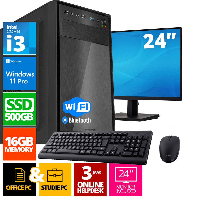 Ensemble PC complet Intel | Intel Core i3 | 16 Go DDR4 | 500 Go SSD - NVME + moniteur de 24 pouces + souris + clavier | Windows 11 Pro