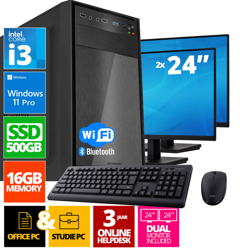Ensemble PC complet Intel | Intel Core i3 | 16 Go DDR4 | 500 Go SSD - NVME + 2 x moniteur de 24 pouces + souris + clavier | Windows 11 Pro