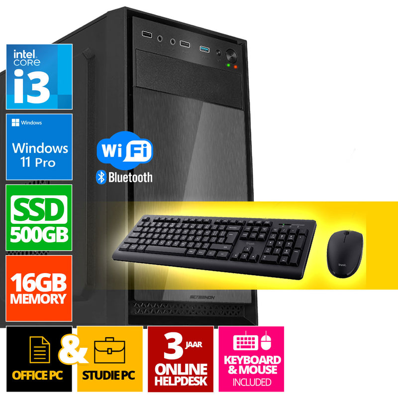Ensemble PC complet Intel | Intel Core i3 | 16 Go DDR4 | 500 Go SSD - NVME + souris et clavier | Windows 11 Pro