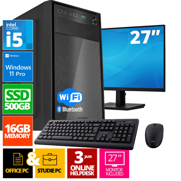Intel Compleet PC SET | Intel Core i5 | 16 GB DDR4 | 500 GB SSD - NVMe + 27 Inch Monitor + Muis + Toetsenbord | Windows 11 Pro + WiFi & Bluetooth
