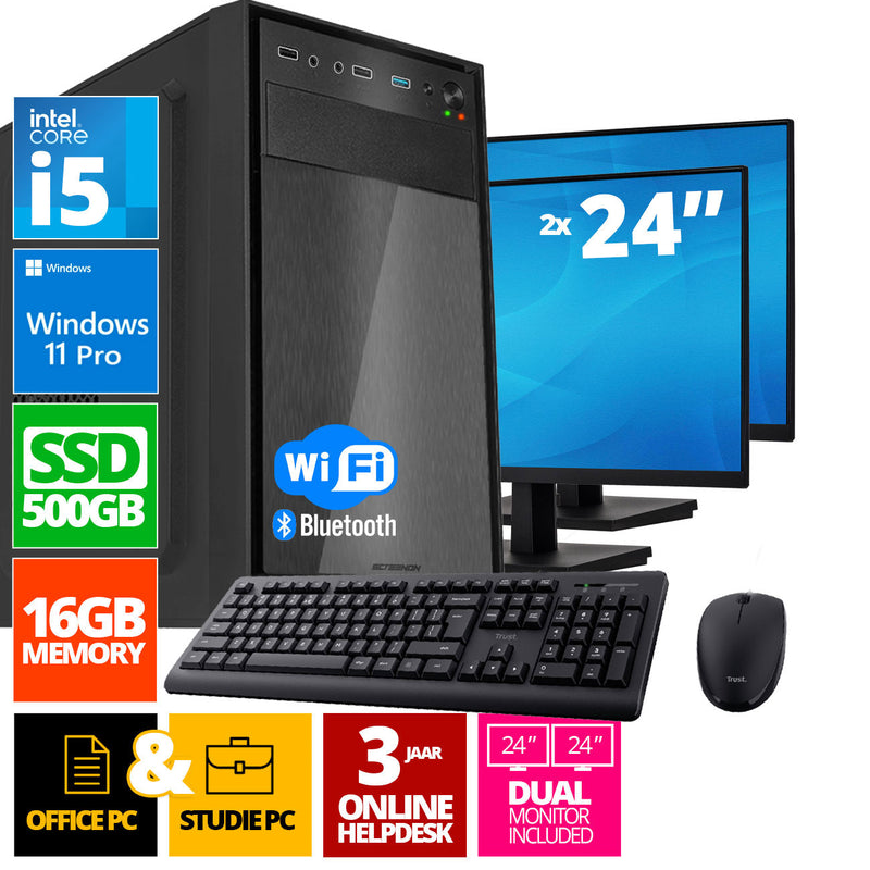 Ensemble PC complet Intel | Intel Core i5 | 16 Go DDR4 | 1 TB SSD - NVME + 2 x moniteur de 24 pouces + souris + clavier | Windows 11 Pro