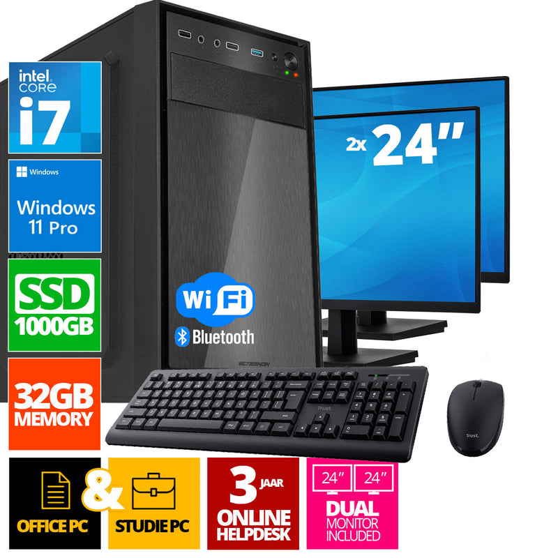 Ensemble PC complet Intel | Intel Core i7 | 32 Go DDR4 | 1 TB SSD - NVME + 2 x moniteur de 24 pouces + souris + clavier | Windows 11 Pro