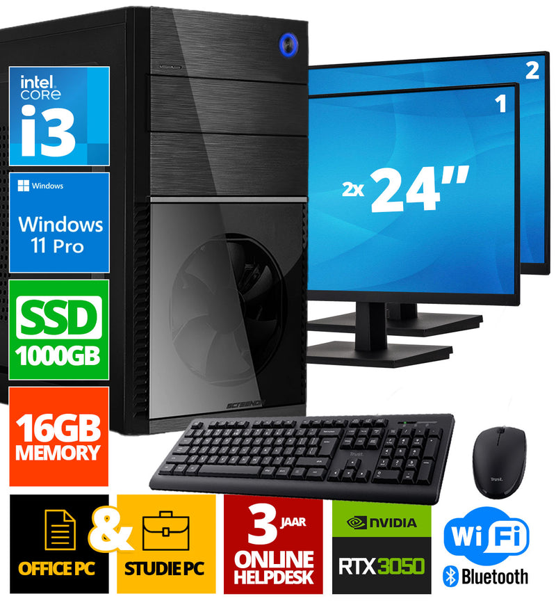 Intel complet PC + 2 x 24 "Moniteur + souris et clavier | Intel Core i3 | 16 Go DDR4 | 1 TB SSD - NVME | RTX 3050 | Windows 11 Pro