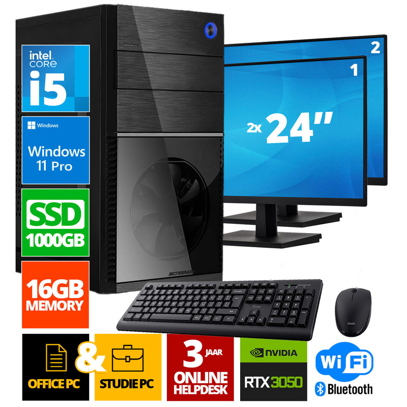 Intel complet PC + 2 x 24 "Moniteur + souris et clavier | Intel Core i5 | 16 Go DDR4 | 1 TB SSD - NVME | RTX 3050 | Windows 11 Pro