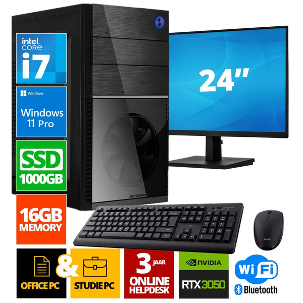 Intel Compleet PC + 24" Monitor + Muis & Toetsenbord | Intel Core i7 | 16 GB DDR4 | 1 TB SSD | RTX 3050 | Windows 11 Pro + WiFi & Bluetooth
