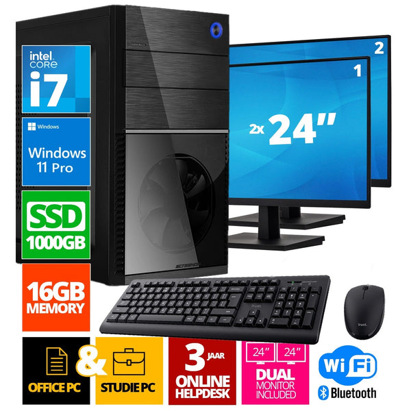 Intel Compleet PC + 2 x 24" Monitor + Muis & Toetsenbord | Intel Core i7 | 16 GB DDR4 | 1 TB SSD | RTX 3050 | Windows 11 Pro + WiFi & Bluetooth