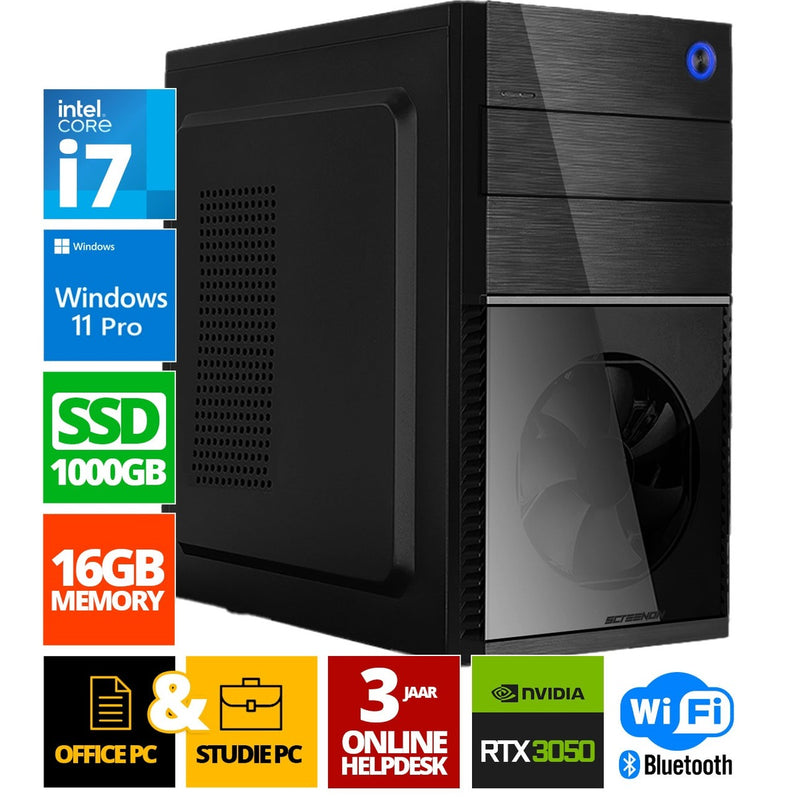 Intel Compleet PC | Intel Core i7 | 16 GB DDR4 | 1 TB SSD | RTX 3050 | Windows 11 Pro + WiFi & Bluetooth