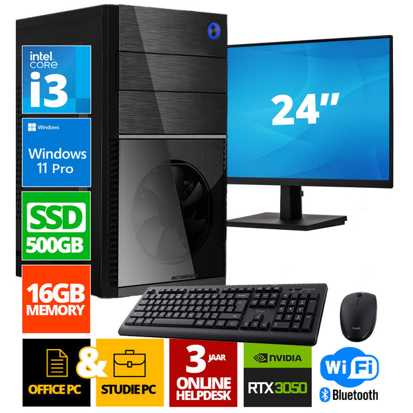 Intel Compleet PC + 24" Monitor + Muis & Toetsenbord | Intel Core i3 | 16 GB DDR4 | 500 GB SSD - NVMe | RTX 3050 | Windows 11 Pro + WiFi & Bluetooth