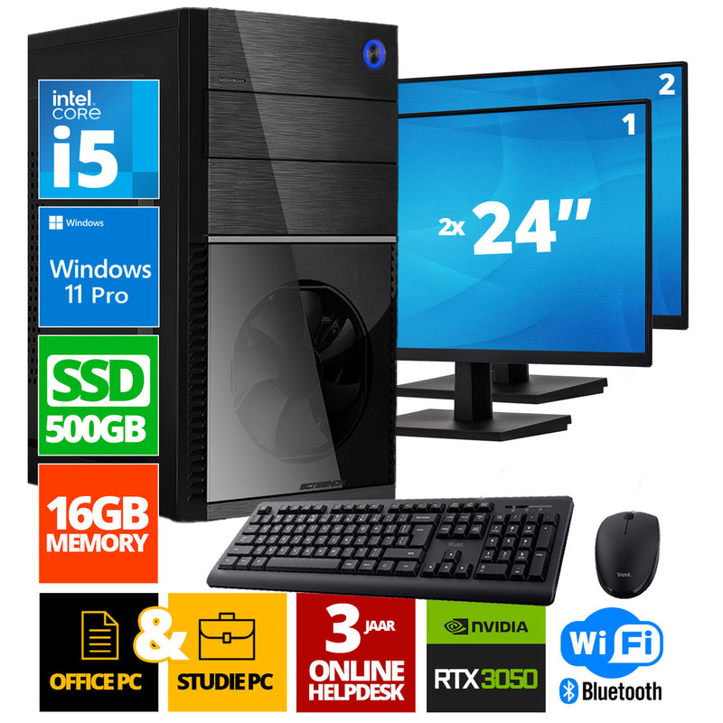 Intel Compleet PC + 2 x 24" Monitor + Muis & Toetsenbord | Intel Core i5 | 16 GB DDR4 | 500 GB SSD | RTX 3050 | Windows 11 Pro + WiFi & Bluetooth