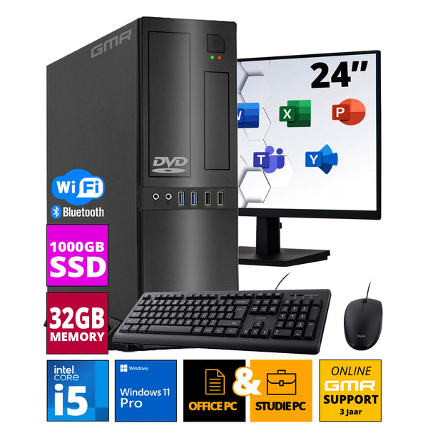 Intel Compleet Desktop SET | Intel Core i5 | 32 GB RAM | 1 TB SSD | DVD+RW | Windows 11 Pro | 24 Inch Monitor + Muis & Toetsenbord