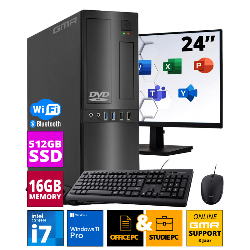 Intel Compleet Desktop SET | Intel Core i7 | 16 GB RAM | 512GB SSD | DVD+RW | Windows 11 Pro | 24 Inch Monitor + Muis & Toetsenbord