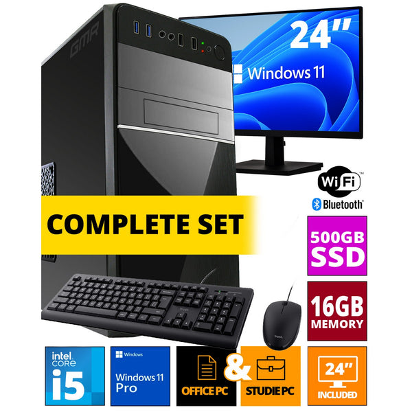 Intel Compleet PC SET | Intel Core i5 | 16 GB RAM | 500 GB SSD | Windows 11 Pro | Inclusief 24" Monitor, Muis & Toetsenbord