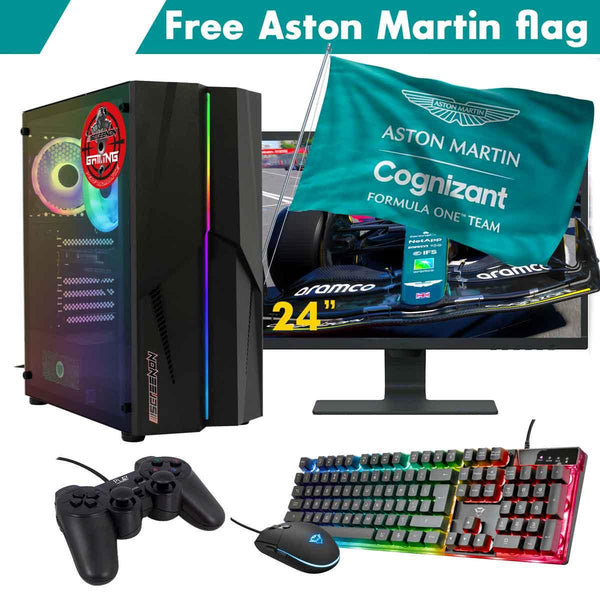 ScreenON - Racing Gaming Set + Aston Martin Flag - F4114024 - (GamePC.F11040 + 24 Inch Monitor + Toetsenbord + Muis + Controller + Gratis Aston Martin Flag) - ScreenOn
