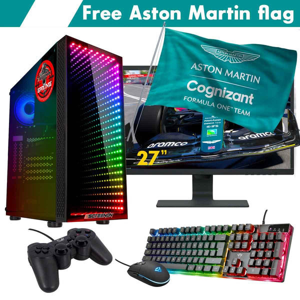 ScreenON - Racing Gaming Set + Aston Martin Flag - F4436527 - (GamePC.F14065 + 27 Inch Monitor + Toetsenbord + Muis + Controller + Gratis Aston Martin Flag) - ScreenOn