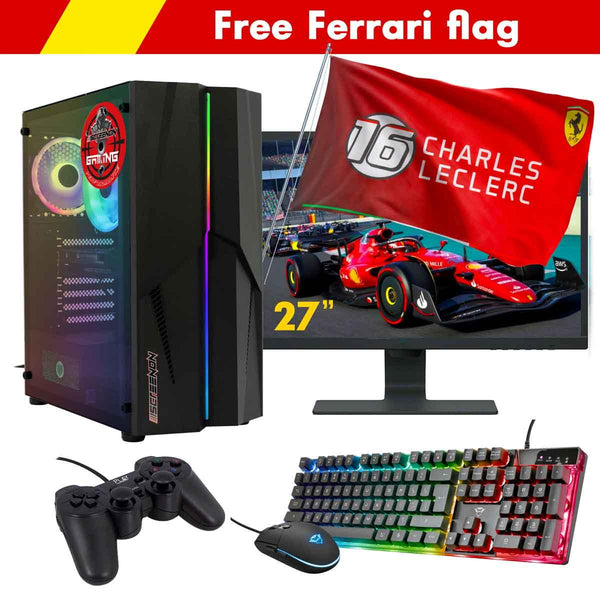 ScreenON - Racing Gaming Set + Ferrari Flag - F5104027 - (GamePC.F11040 + 27 Inch Monitor + Toetsenbord + Muis + Controller + Gratis Ferrari Flag) - ScreenOn