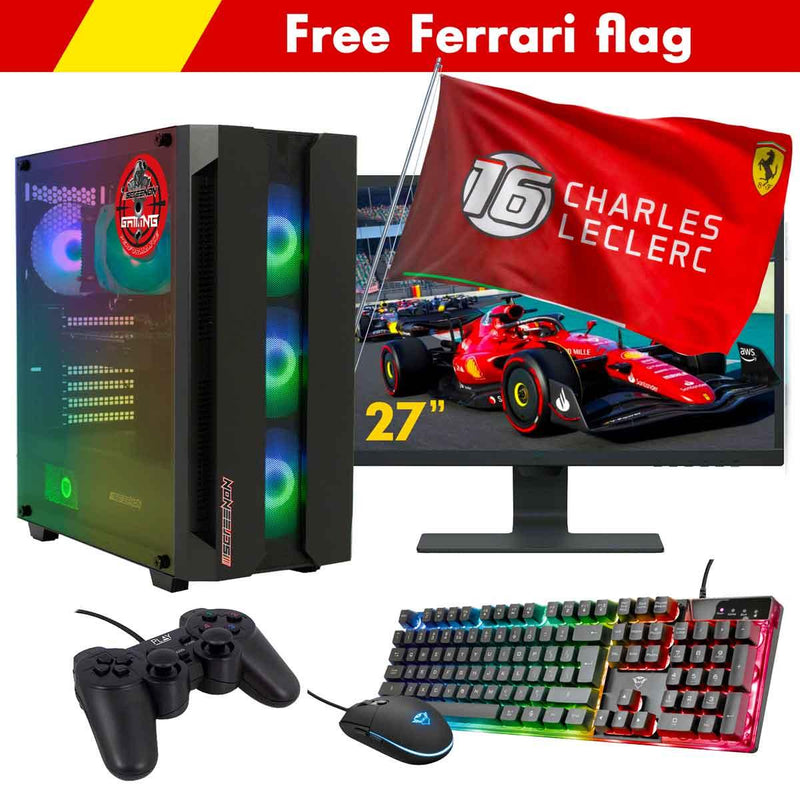 ScreenON - Racing Gaming Set + Ferrari Flag - F5325027 - (GamePC.F13050 + 27 Inch Monitor + Toetsenbord + Muis + Controller + Gratis Ferrari Flag) - ScreenOn