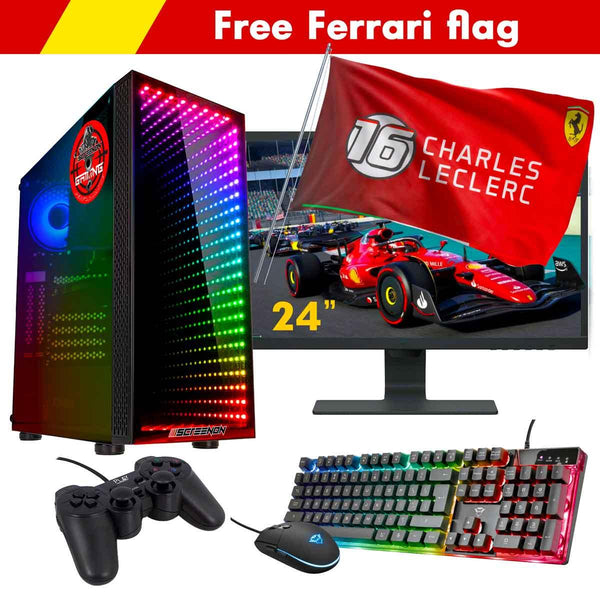 ScreenON - Racing Gaming Set + Ferrari Flag - F5436524 - (GamePC.F14065 + 24 Inch Monitor + Toetsenbord + Muis + Controller + Gratis Ferrari Flag) - ScreenOn