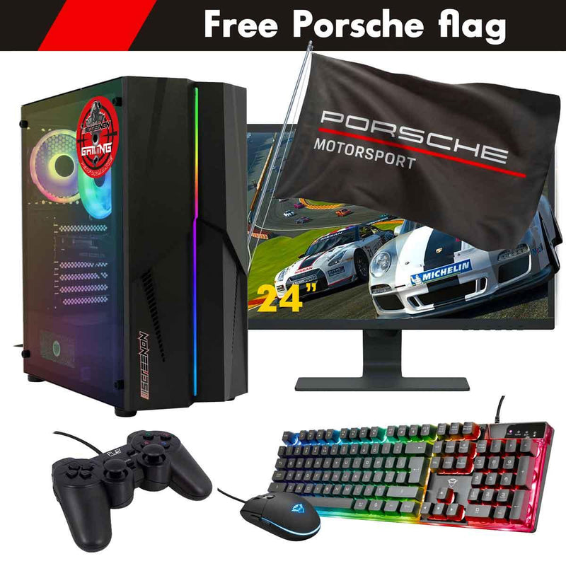 ScreenON - Racing Gaming Set + Porsche Flag - F6114024 - (GamePC.F11040 + 24 Inch Monitor + Toetsenbord + Muis + Controller + Gratis Porsche Flag) - ScreenOn
