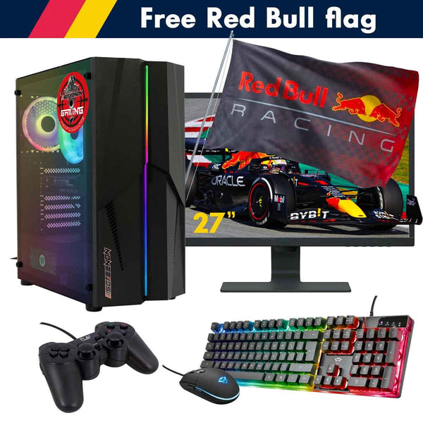 ScreenON - Racing Gaming Set + Red Bull Flag - F2124027 - (GamePC.F11040 + 27 Inch Monitor + Toetsenbord + Muis + Controller + Gratis Red Bull Flag) - ScreenOn