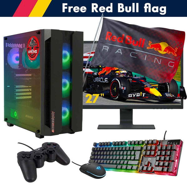 ScreenON - Racing Gaming Set + Red Bull Flag - F2215027 - (GamePC.F12050 + 27 Inch Monitor + Toetsenbord + Muis + Controller + Gratis Red Bull Flag) - ScreenOn