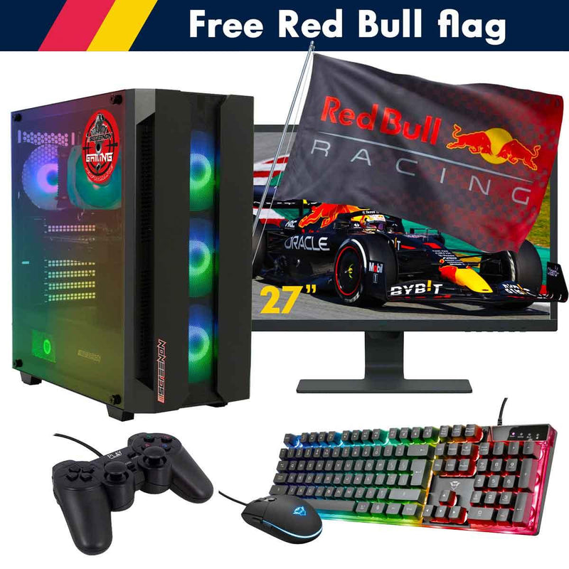ScreenON - Racing Gaming Set + Red Bull Flag - F2325027 - (GamePC.F13050 + 27 Inch Monitor + Toetsenbord + Muis + Controller + Gratis Red Bull Flag) - ScreenOn