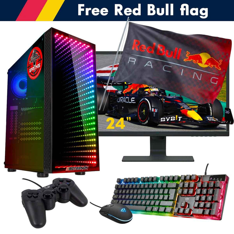 ScreenON - Racing Gaming Set + Red Bull Flag - F2426524 - (GamePC.F14065 + 24 Inch Monitor + Toetsenbord + Muis + Controller + Gratis Red Bull Flag) - ScreenOn